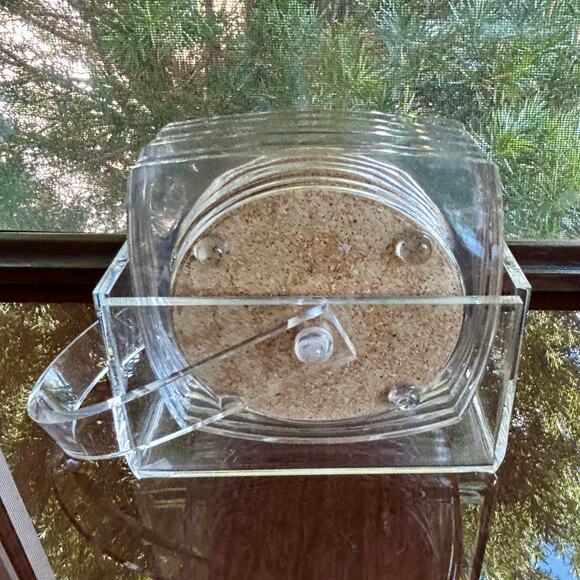 Vintage Clear Lucite and Cork Coaster Set with Holder – 6 Coasters with Caddy - Picture 9 of 13